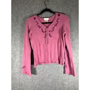 Worthington Sweater Women Large Purple Embroidered V Neck Ribbed Fairy VTG Flora